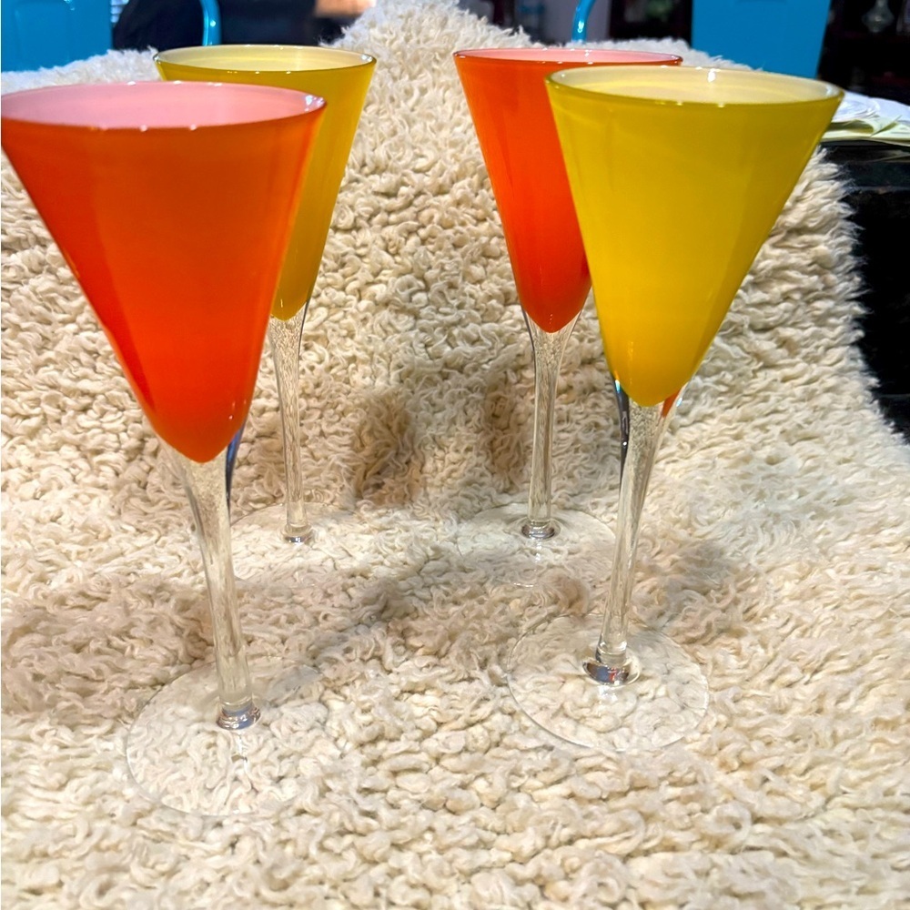 VINTAGE Blown Glass long stems; Orange and Yellow. Avant Garde, Champagne, Fancy